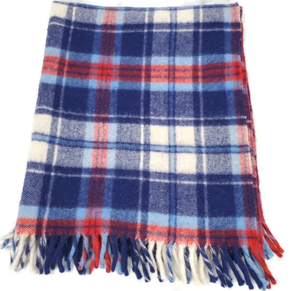 Vintage Curvon Royal Pure Wool Blue Plaid Lap Blanket 34.5